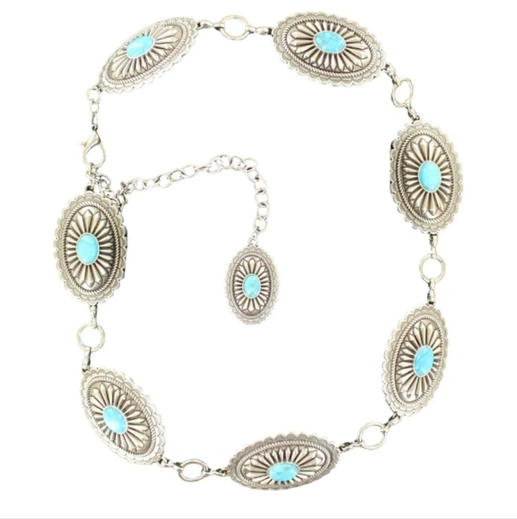 Ariat Accessories - Ariat Oval Silver and Turquoise Concho Adjustable Chain Belt